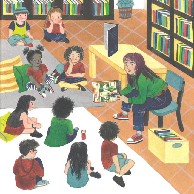Bibliotecaria legge ai bambini